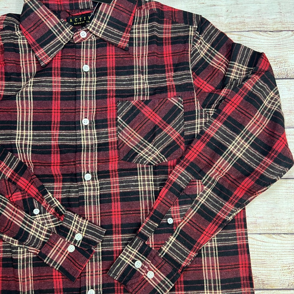 Activa Sports‎ Inc Red/Black Plaid Flannel Shirt Unisex SMALL Button Up NWT - Picture 5 of 8